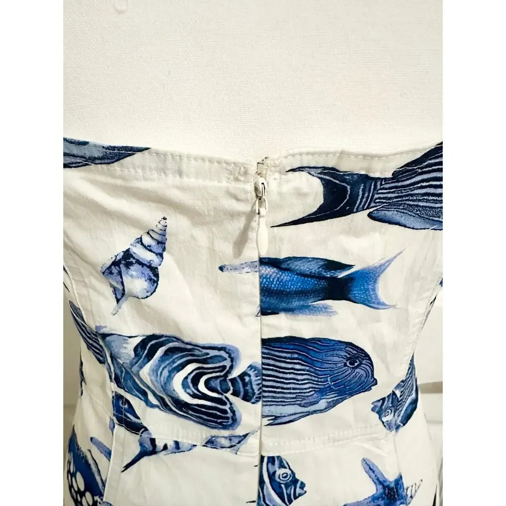 Avec Les Filles Marina Dress Midi Fish Ocean Print Blue White Size 6 - Picture 7 of 14